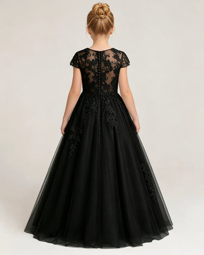 Black Tulle A-line Flower Girl Dress Back View