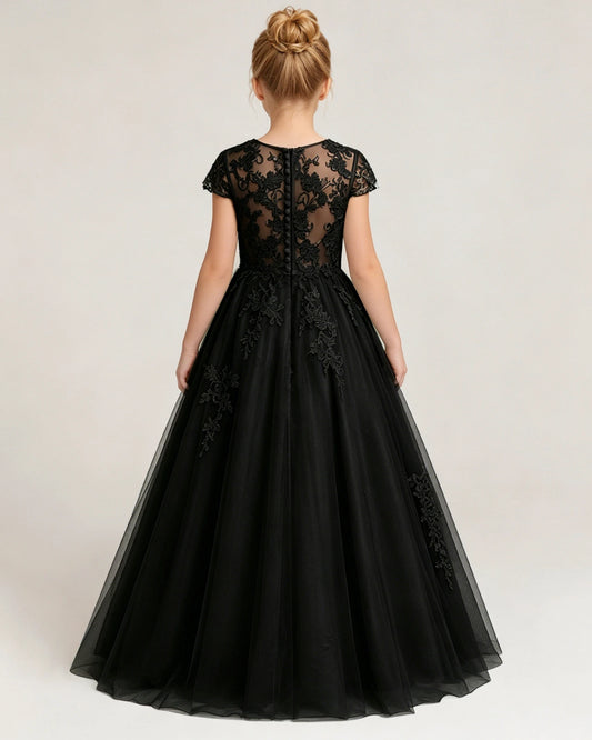 Black Tulle A-line Flower Girl Dress Back View