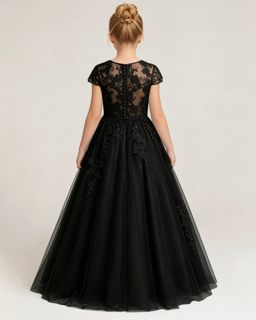 Black Tulle A-line Flower Girl Dress Back View