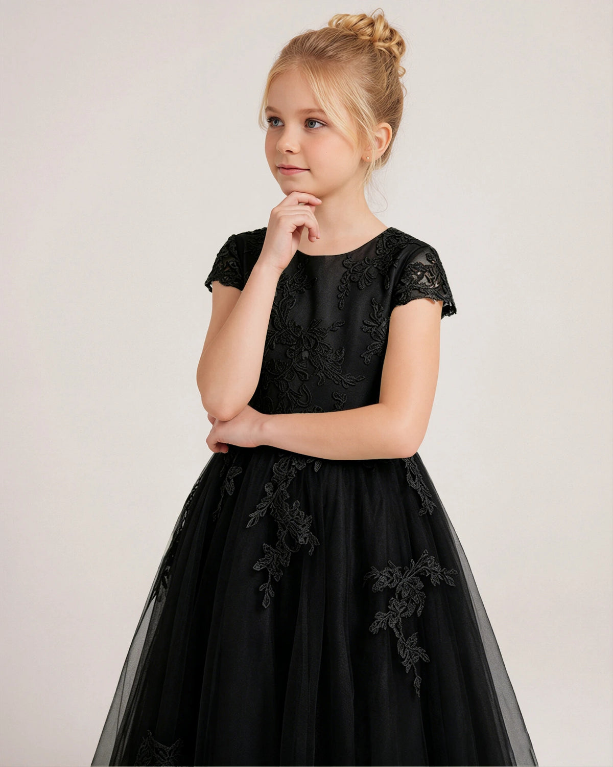 Black Lace A-line Flower Girl Dress Front View