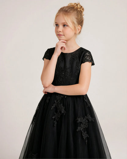 Black Lace A-line Flower Girl Dress Front View