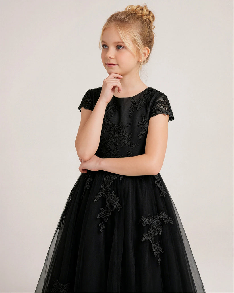 Black Lace A-line Flower Girl Dress Front View