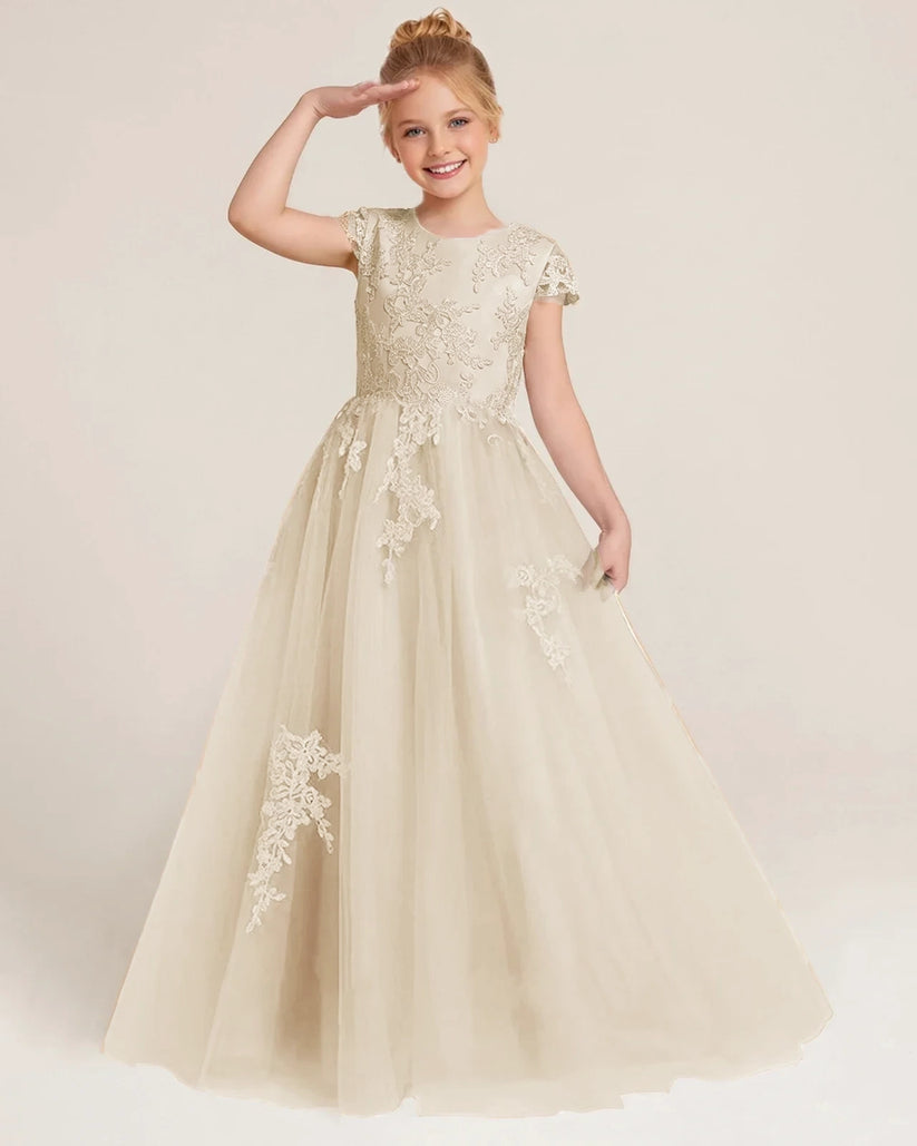 Champagne Tulle A-line Flower Girl Dress Back View