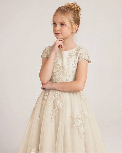 Champagne Tulle A-line Flower Girl Dress Front View