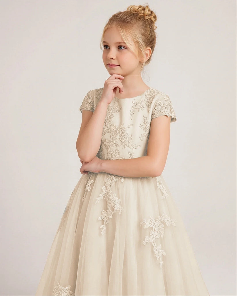 Champagne Tulle A-line Flower Girl Dress Front View