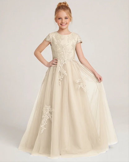 Champagne Lace A-line Flower Girl Dress Front View