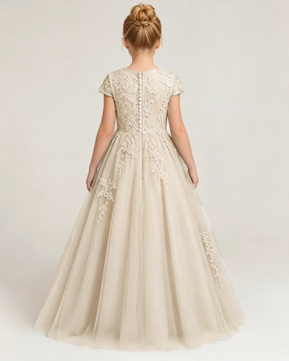 Champagne Tulle A-line Flower Girl Dress Front View