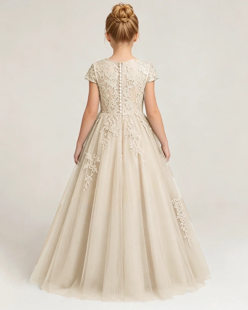 Champagne Tulle A-line Flower Girl Dress Front View