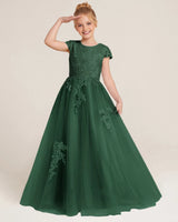 Dark Green Tulle A-line Flower Girl Dress Front View