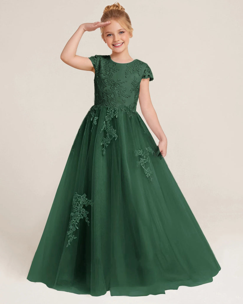 Dark Green Tulle A-line Flower Girl Dress Front View