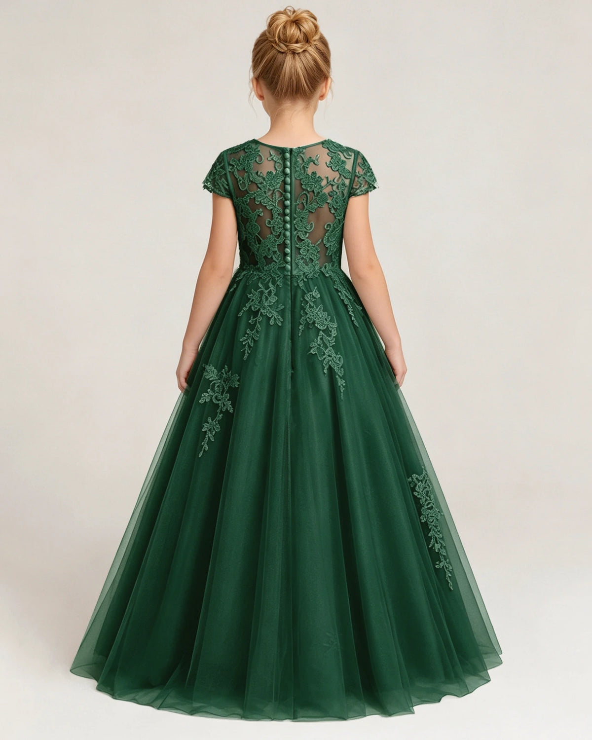 Dark Green Tulle A-line Flower Girl Dress Back View
