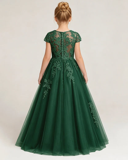 Dark Green Tulle A-line Flower Girl Dress Back View