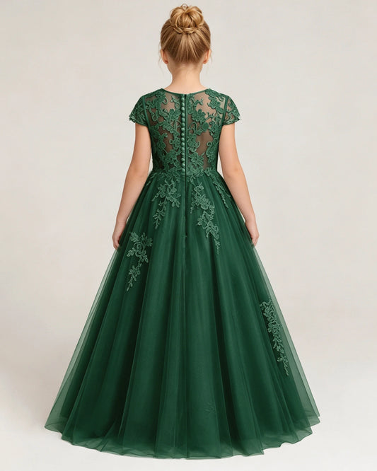 Dark Green Tulle A-line Flower Girl Dress Back View