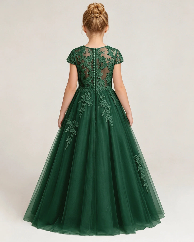 Dark Green Tulle A-line Flower Girl Dress Back View