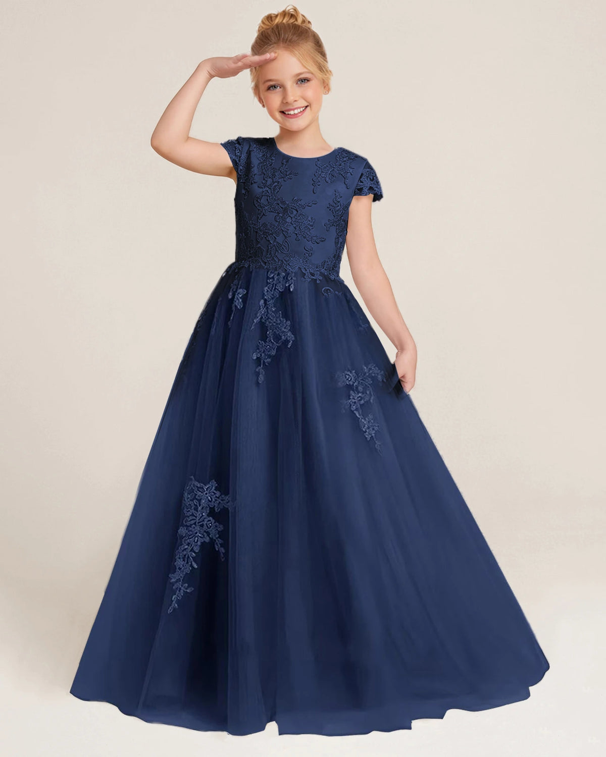 Navy Blue Tulle A-line Flower Girl Dress Front View