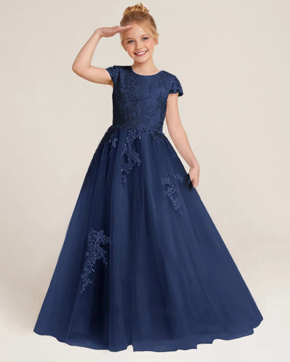 Navy Blue Tulle A-line Flower Girl Dress Front View