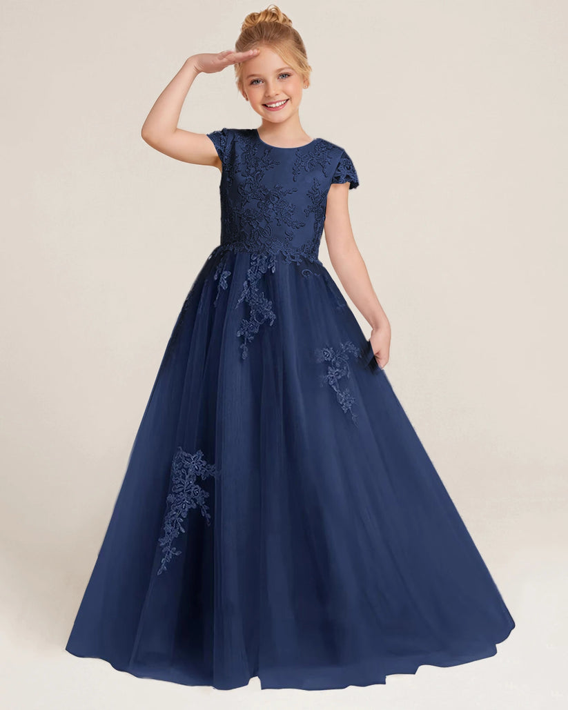 Navy Blue Tulle A-line Flower Girl Dress Front View