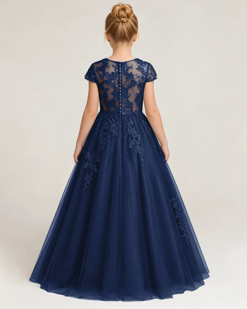 Navy Blue Tulle A-line Flower Girl Dress Back View