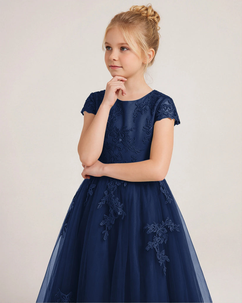 Navy Blue Tulle A-line Flower Girl Dress Front View