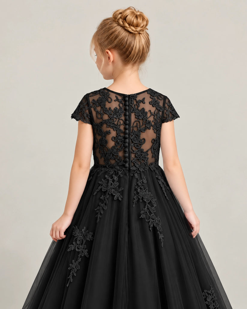 Black Tulle Flower Girl Dress Back Detail View