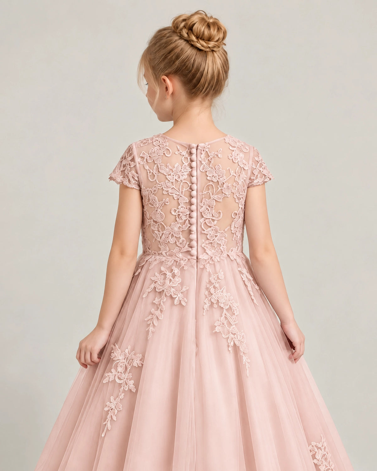 Blush Pink Tulle Flower Girl Dress Back Detail View