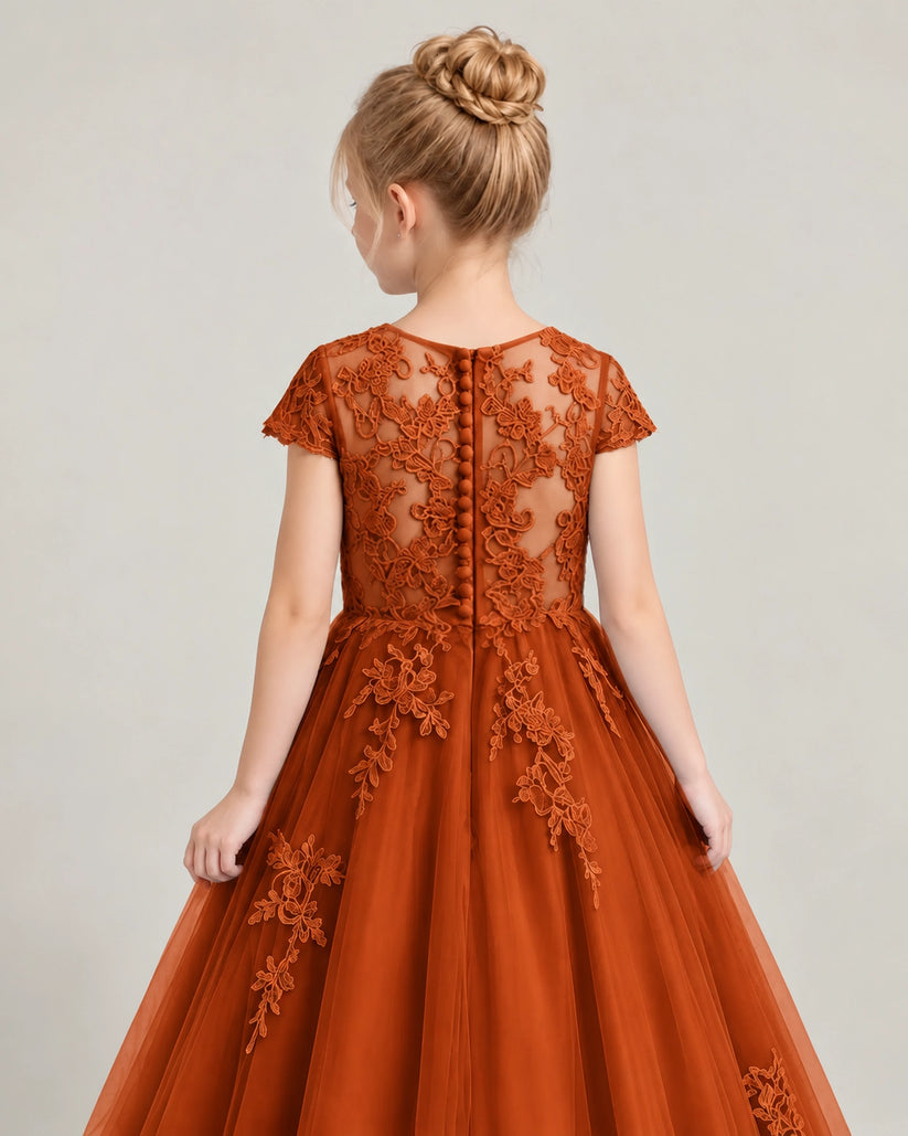 Burnt Orange Tulle Flower Girl Dress Back Detail View