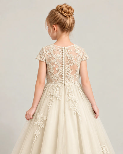 Champagne Tulle Flower Girl Dress Back Detail View