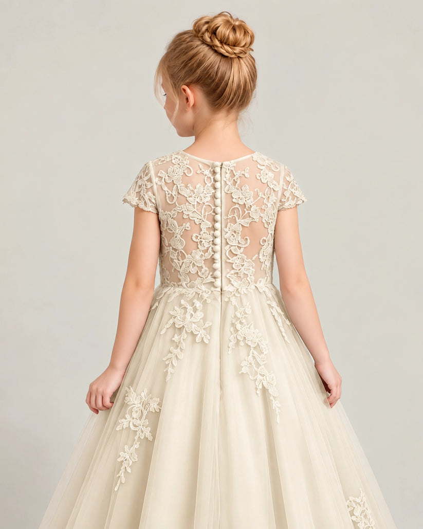 Champagne Tulle Flower Girl Dress Back Detail View