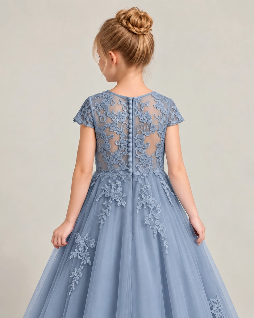 Dusty Blue Tulle Flower Girl Dress Back Detail View