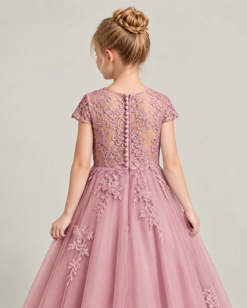 Dusty Rose Tulle Flower Girl Dress Back Detail View