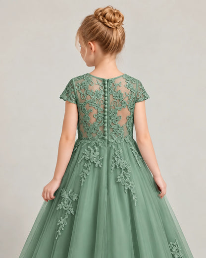 Eucalyptus Tulle Flower Girl Dress Back Detail View