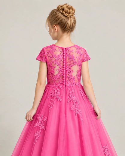 Hot Pink Tulle Flower Girl Dress Back Detail View