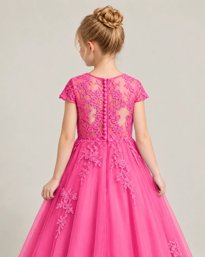 Hot Pink Tulle Flower Girl Dress Back Detail View