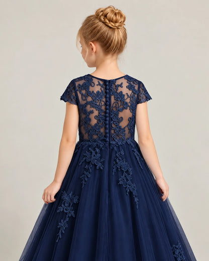 Navy Blue Tulle Flower Girl Dress Back Detail View