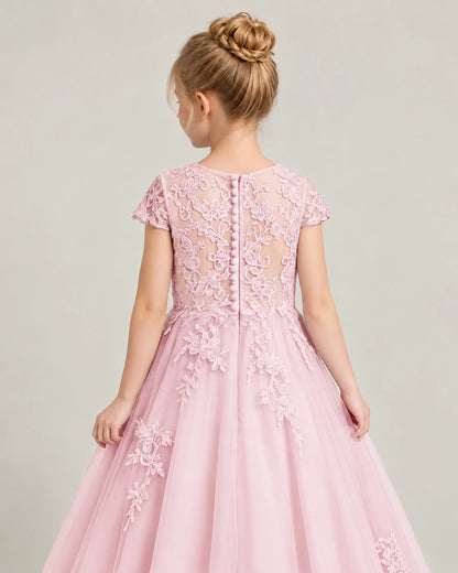 Pink Tulle Flower Girl Dress Back Detail View