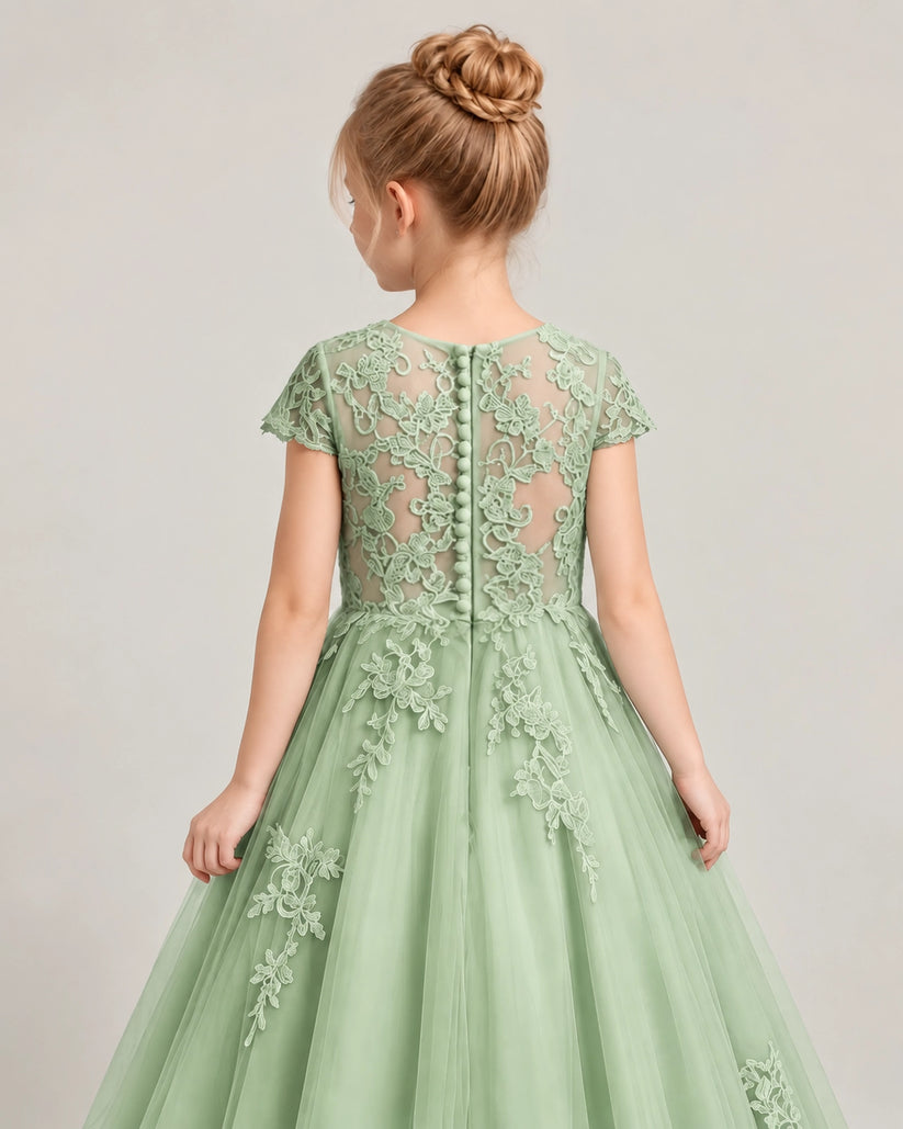Sage Green Tulle Flower Girl Dress Back Detail View