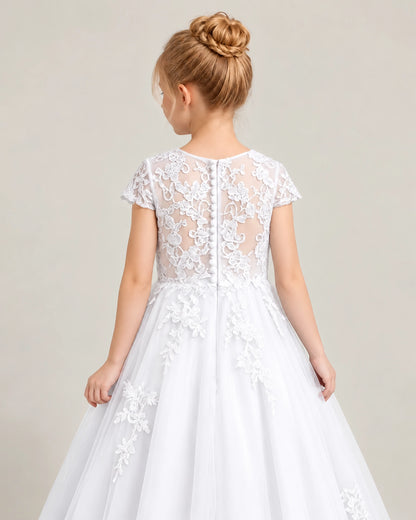 White Tulle Flower Girl Dress Back Detail View