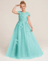 Turquoise Tulle A-line Flower Girl Dress Front View