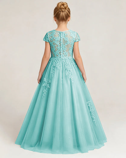 Turquoise Lace A-line Flower Girl Dress Back View