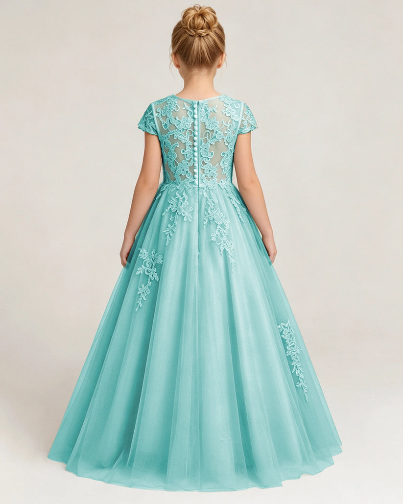 Turquoise Lace A-line Flower Girl Dress Back View