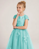 Turquoise Tulle A-line Flower Girl Dress Front View