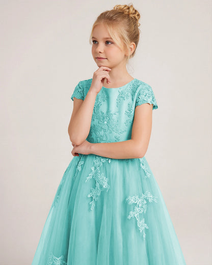 Turquoise Tulle A-line Flower Girl Dress Front View