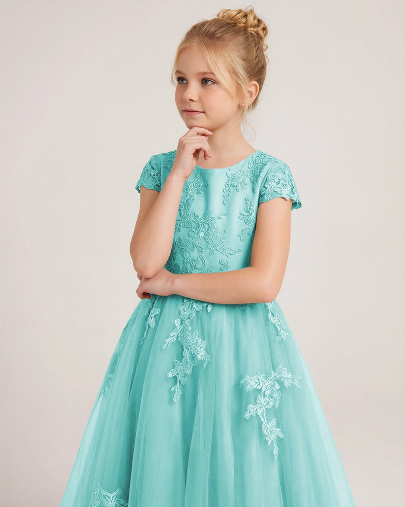 Turquoise Tulle A-line Flower Girl Dress Front View