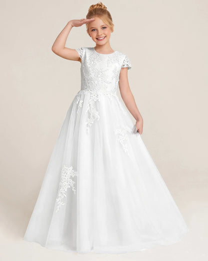 White Tulle A-line Flower Girl Dress Front View