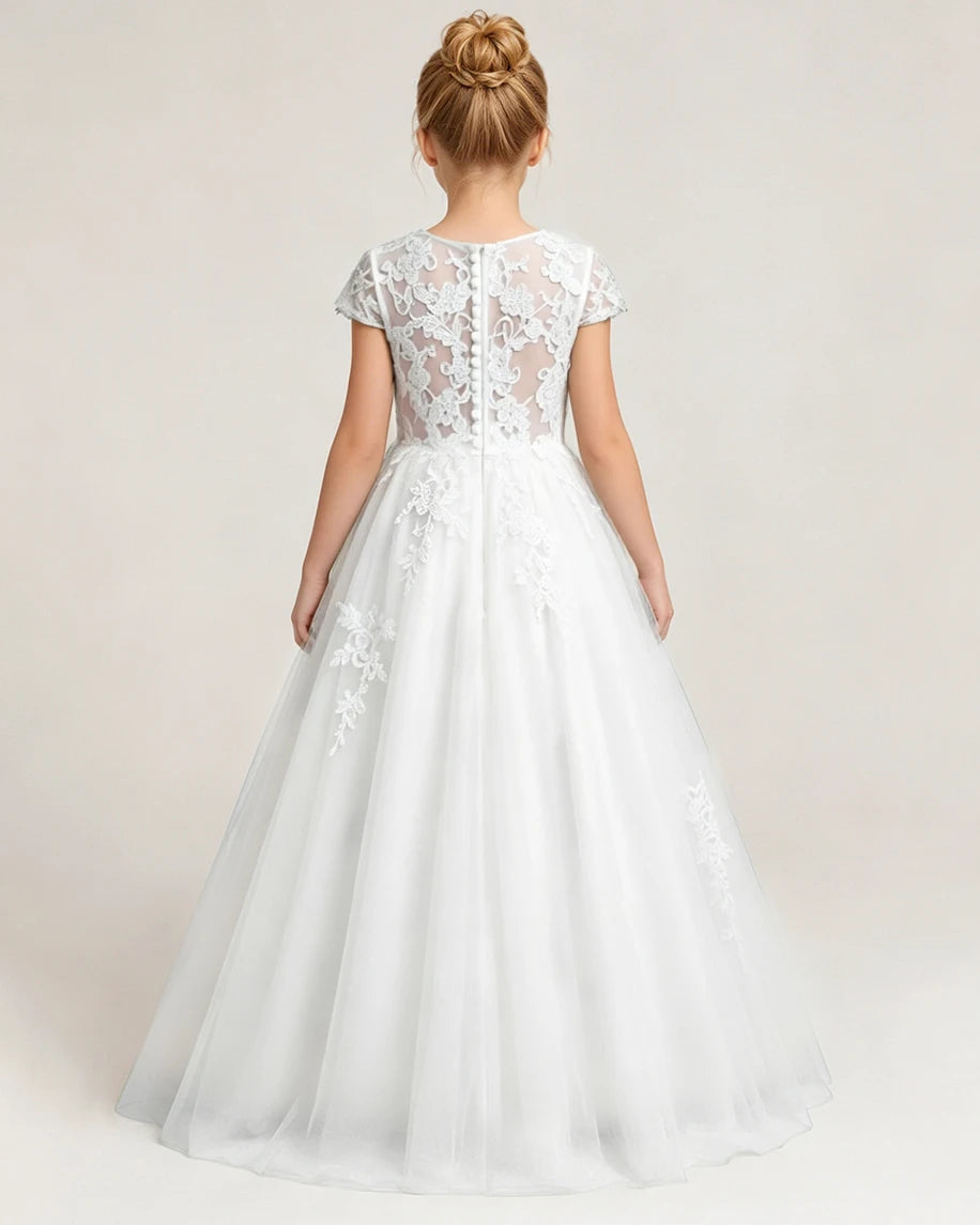 White Tulle A-line Flower Girl Dress Back View