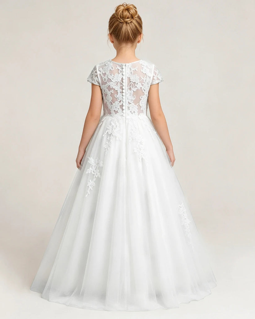 White Tulle A-line Flower Girl Dress Back View