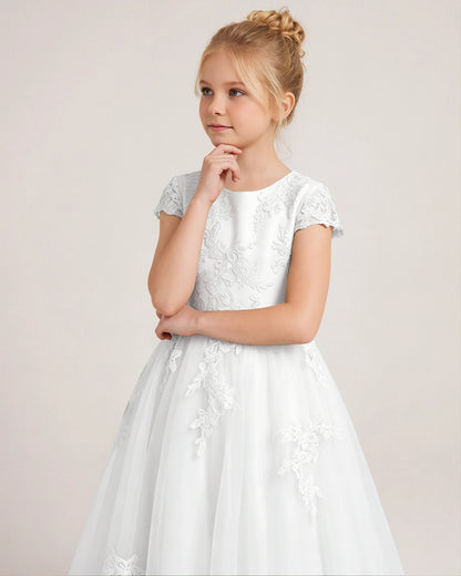 White Tulle A-line Flower Girl Dress Front View