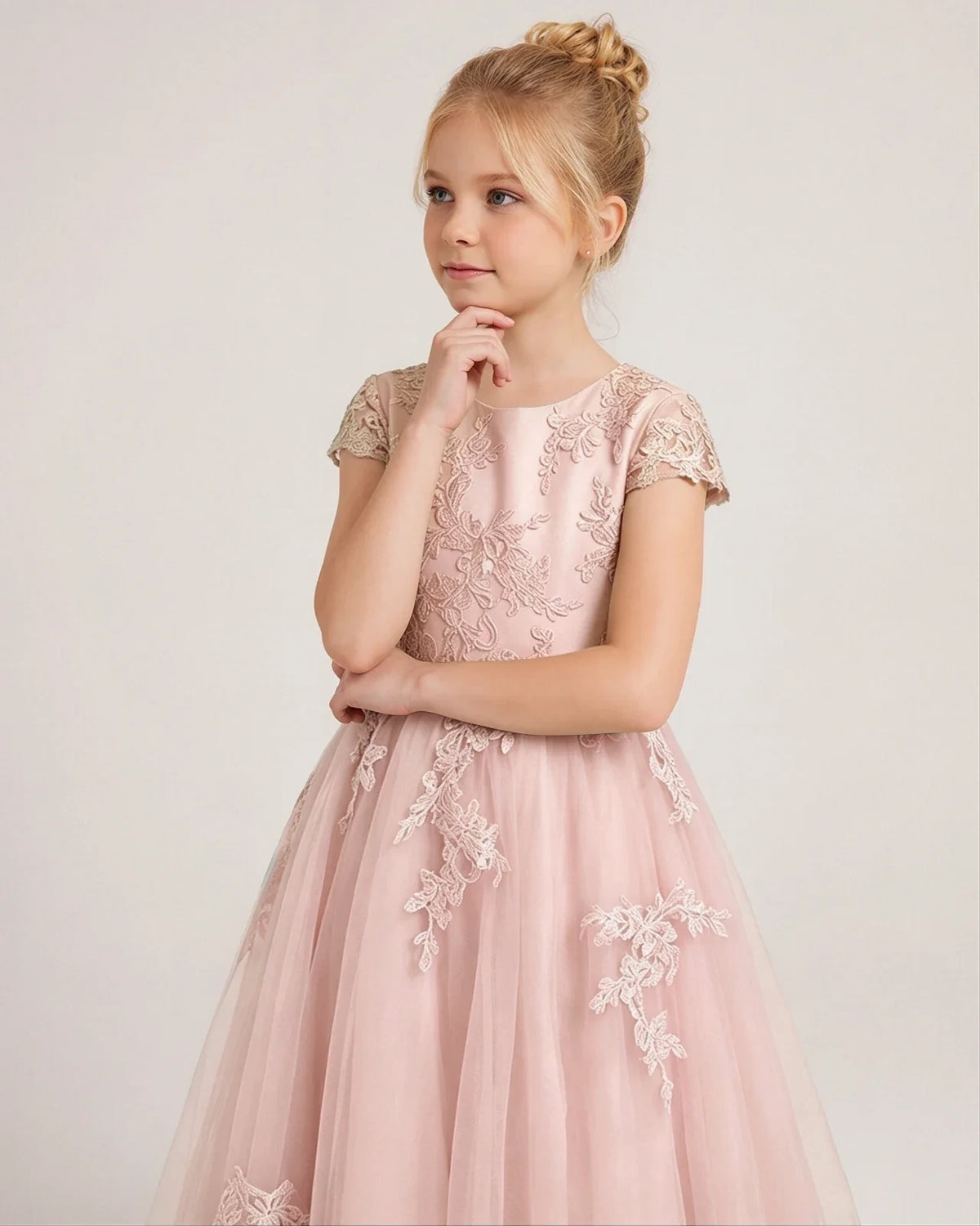Blush Pink Tulle A-line Flower Girl Dress Side View