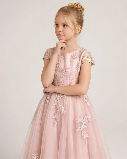 Blush Pink Tulle A-line Flower Girl Dress Side View