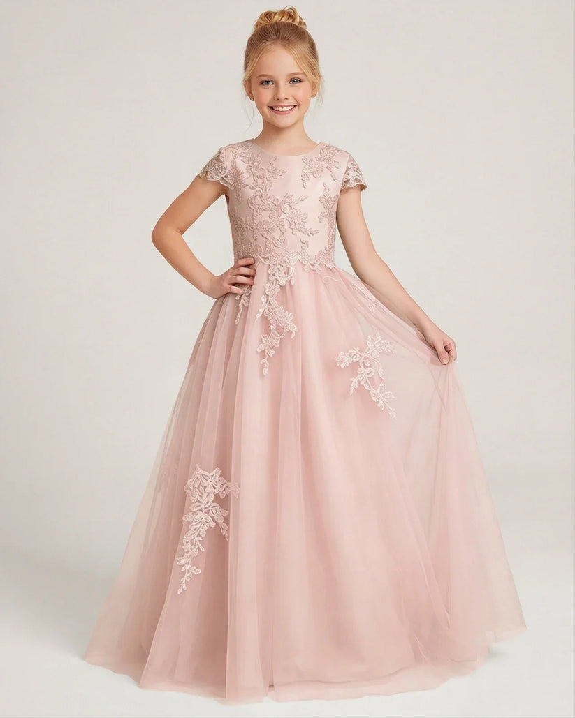 Blush Pink Tulle A-line Flower Girl Dress Front View